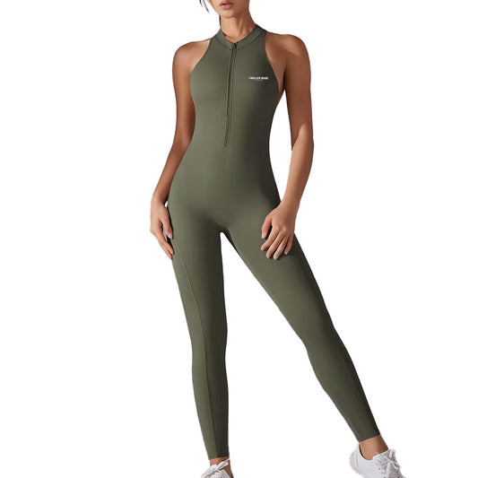 Full Length gym Bodysuit with Zip Khaki Green
