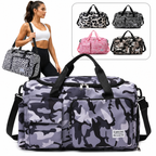 A large duffel bag with a gray, black, and white camouflage pattern is shown prominently in the foreground. A woman in athletic wear is partially visible behind it carrying a matching bag, and a small inset at the top right shows four additional color/pattern options: leopard print, zebra print, pink zebra, and camouflage.