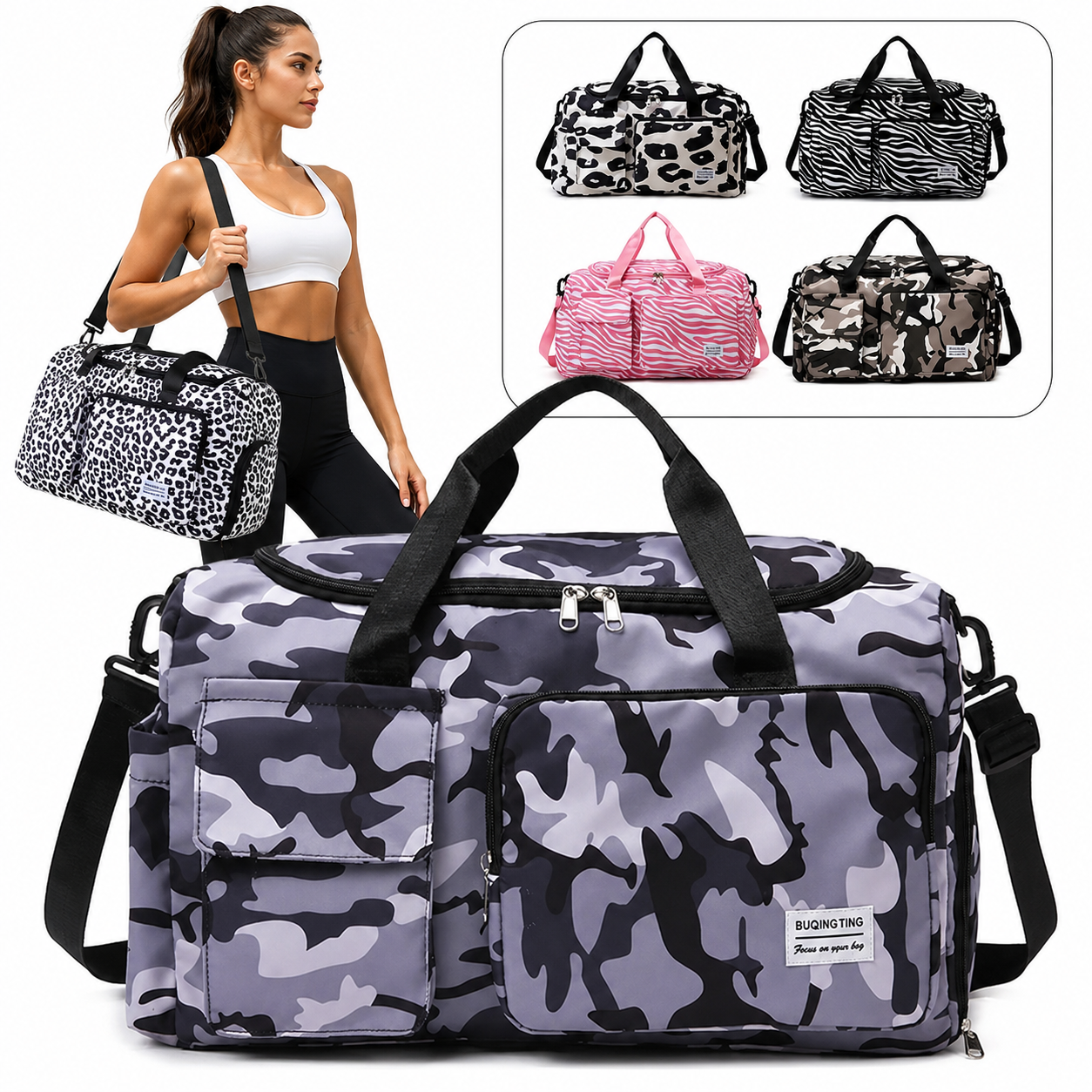 A large duffel bag with a gray, black, and white camouflage pattern is shown prominently in the foreground. A woman in athletic wear is partially visible behind it carrying a matching bag, and a small inset at the top right shows four additional color/pattern options: leopard print, zebra print, pink zebra, and camouflage.