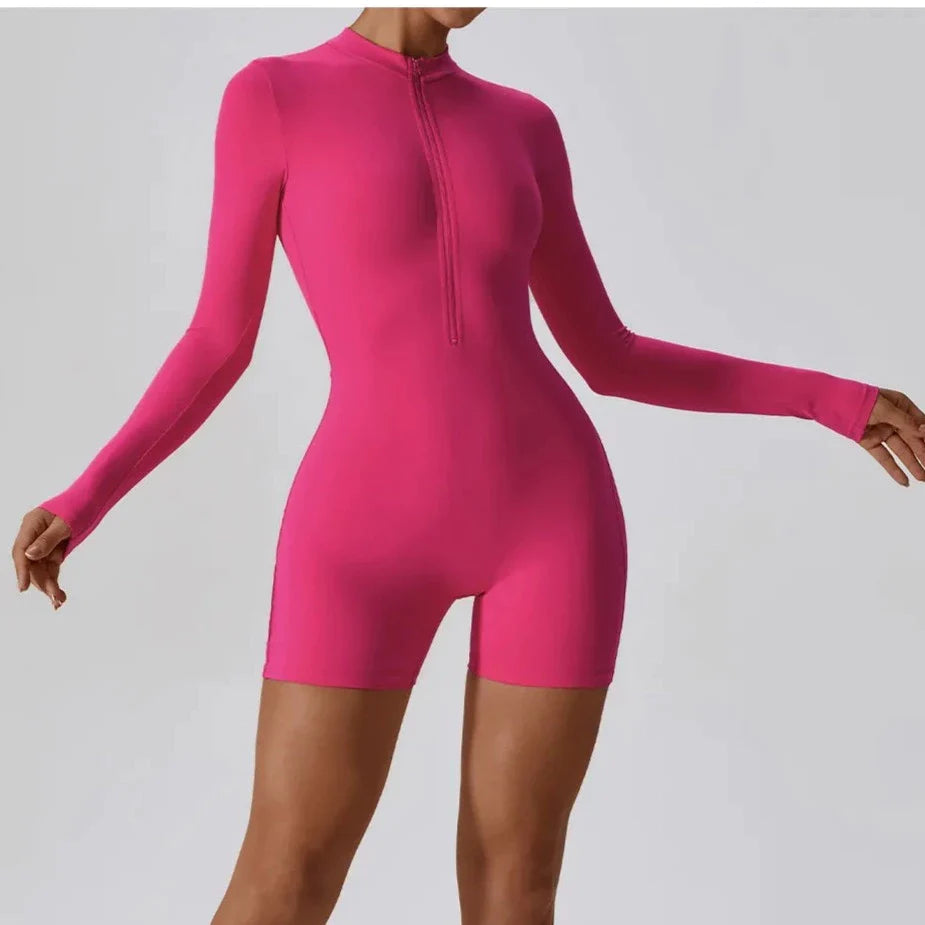 Baller Babe Long Sleeve Zipper Bodysuit Shorts Pink