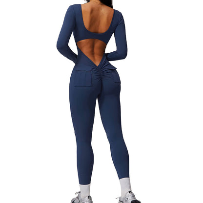 Long Sleeve Yoga Jumpsuit with Pockets Navy Blue