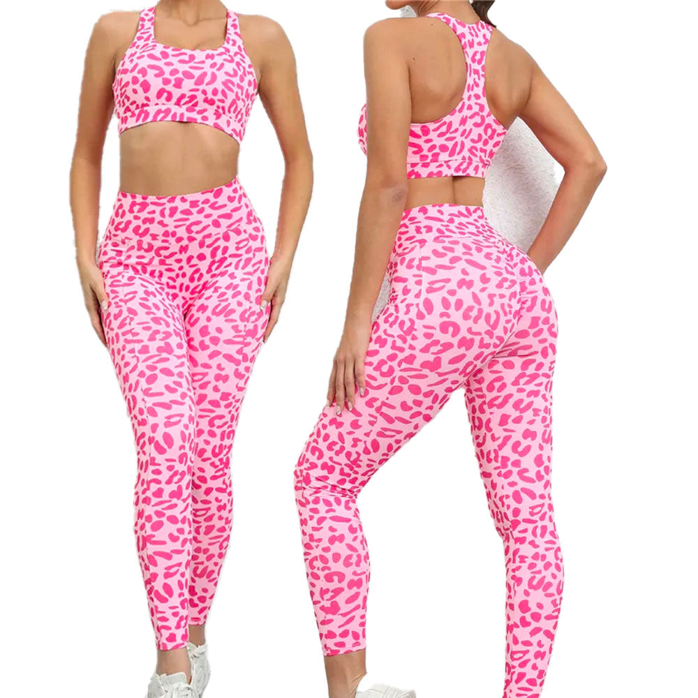 Animal Print High Waist Leggings with Sports Bra Set Pink