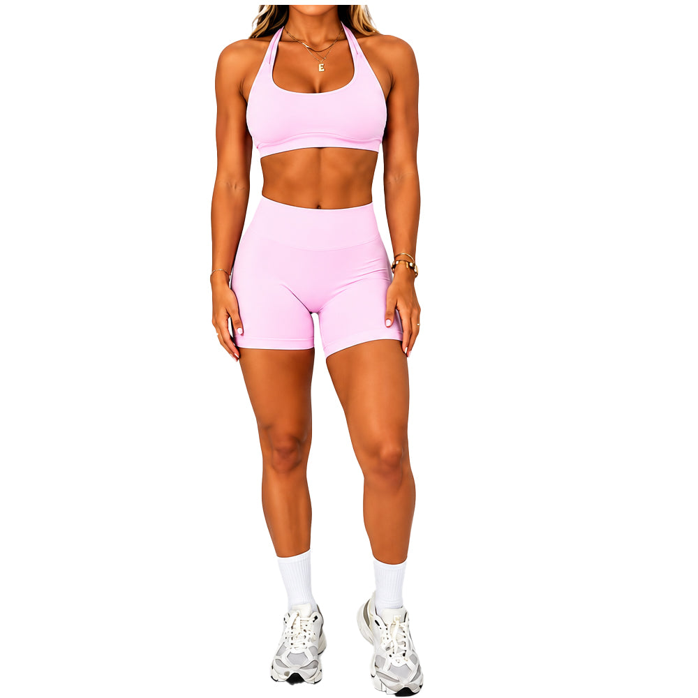 Halter Crop Top with Seamless scrunch Shorts Set