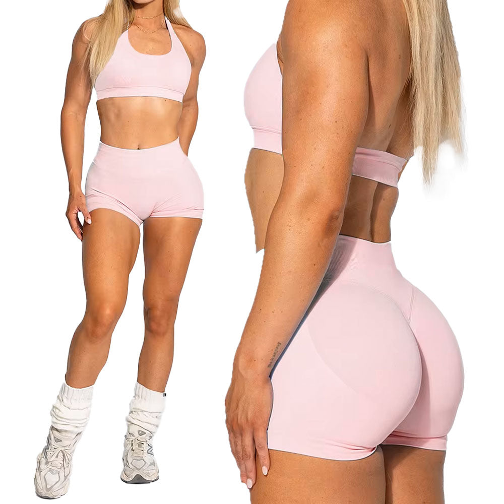Halter Crop Top with Seamless scrunch Shorts Set