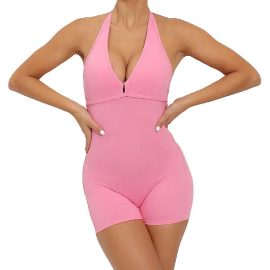 Baller Babe Halter Bodysuit Open Back V Scrunch Shorts Pink