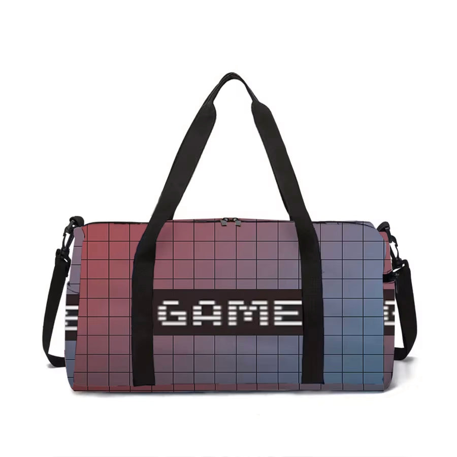Duffel bag with pixelated design and 'GAME' text on a white background