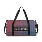 Duffel bag with pixelated design and 'GAME' text on a white background