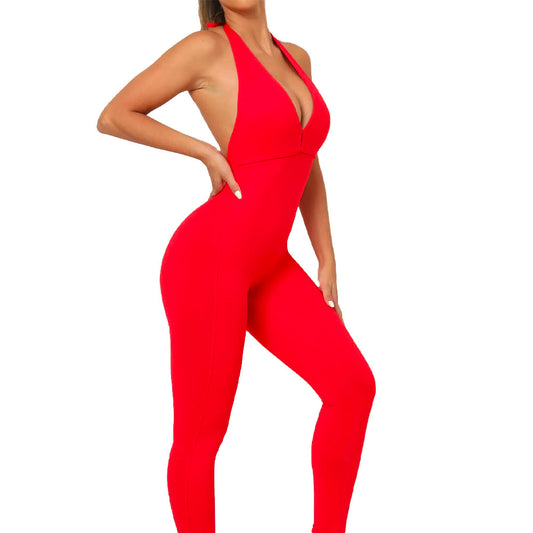 Red Hot Baller Babe Halter Bodysuit Open Back V Scrunch