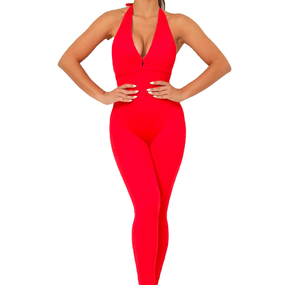 Red Hot Baller Babe Halter Bodysuit Open Back V Scrunch