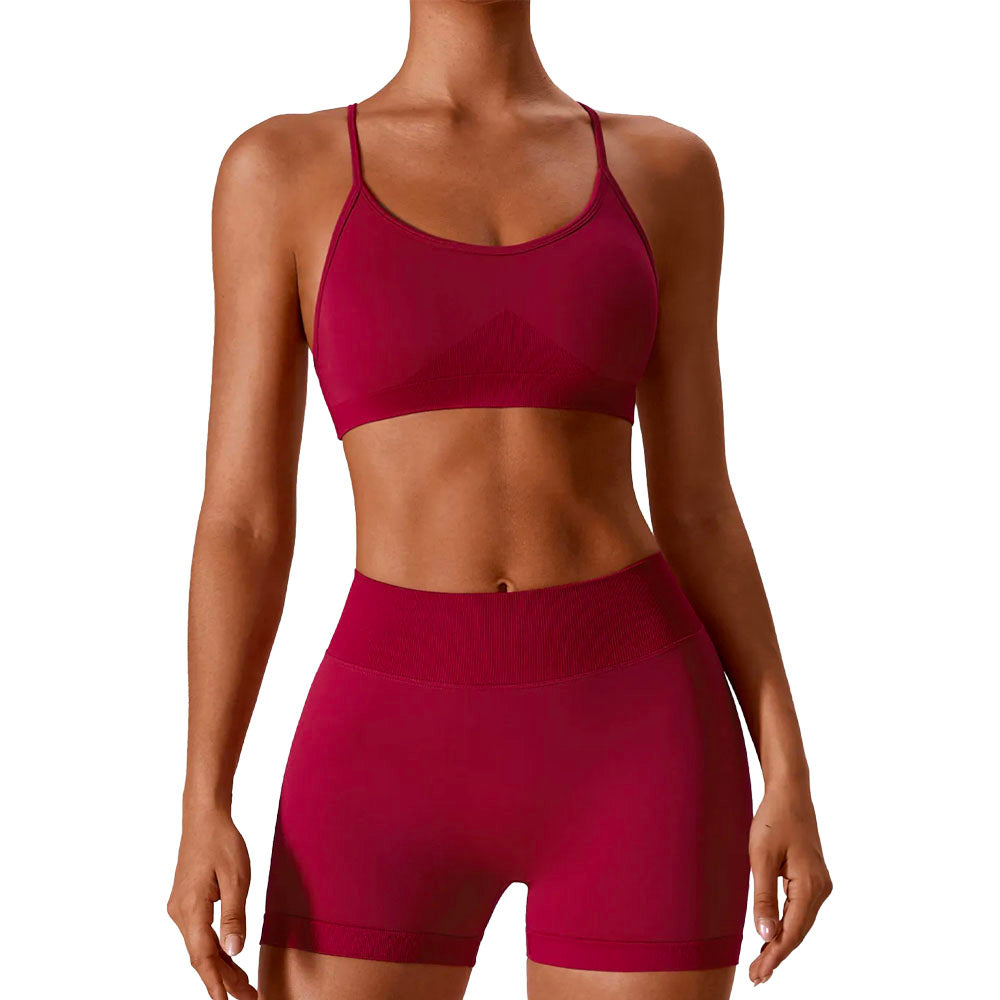 Seamless workout Shorts with Crop Top Set Red