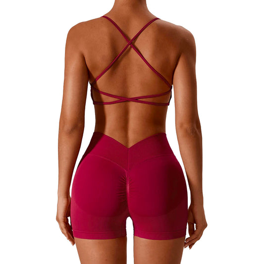 Seamless workout Shorts with Crop Top Set Red