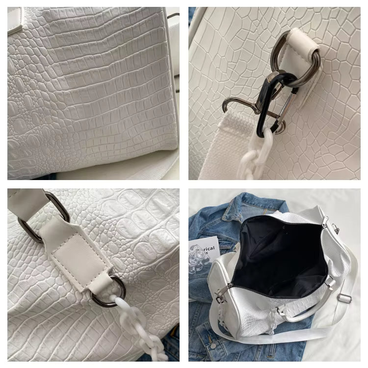 A four-panel collage showing a white textured handbag from multiple angles: side profile, close-up of hardware and strap attachment, interior opening, and a styled flat-lay with blue jeans. The bag has an embossed crocodile pattern, a white shoulder strap, silver-tone hardware, and a black interior lining.
