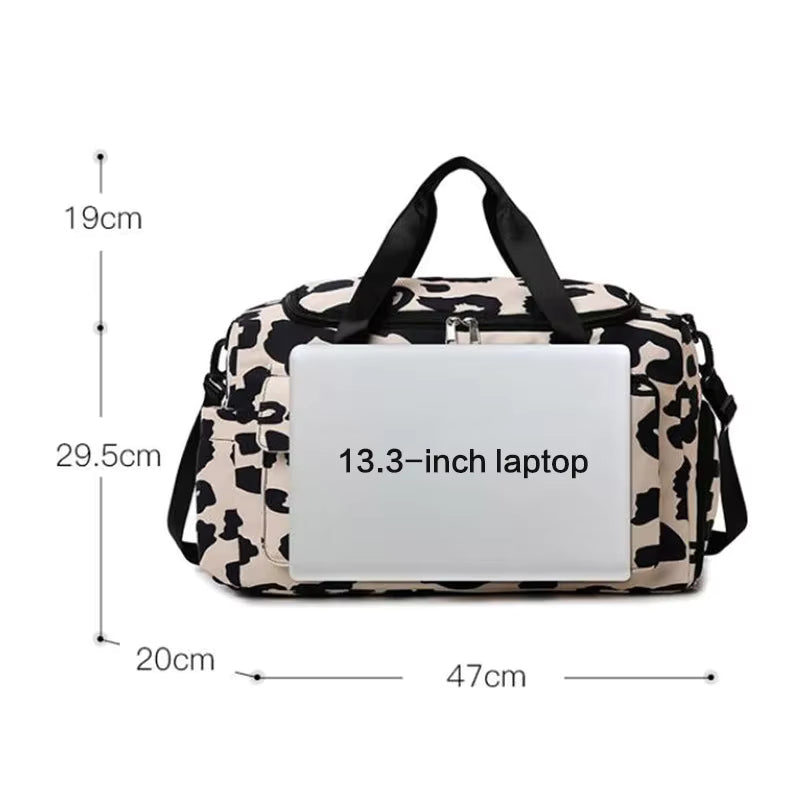 Leopard print duffel bag with dimensions and laptop size label on a white background