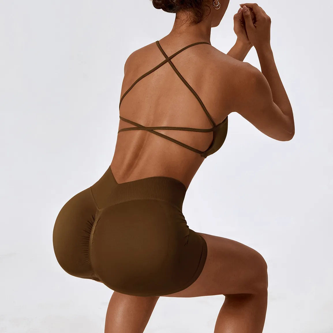 Seamless workout Shorts with Crop Top Set Brown