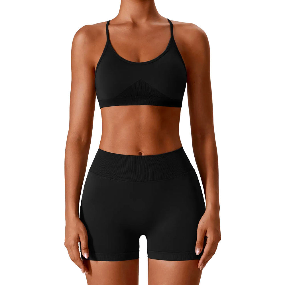 Seamless workout Shorts with Crop Top Set Black