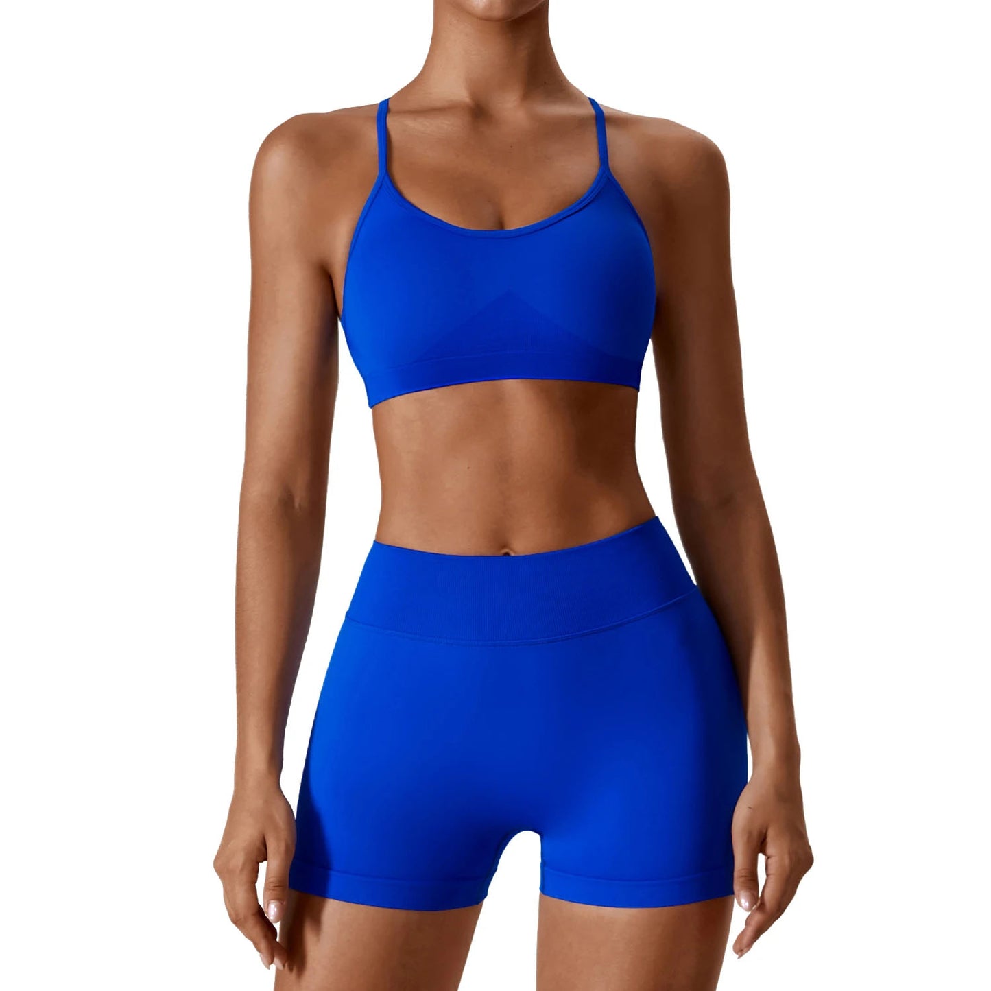 Seamless workout Shorts with Crop Top Set Blue