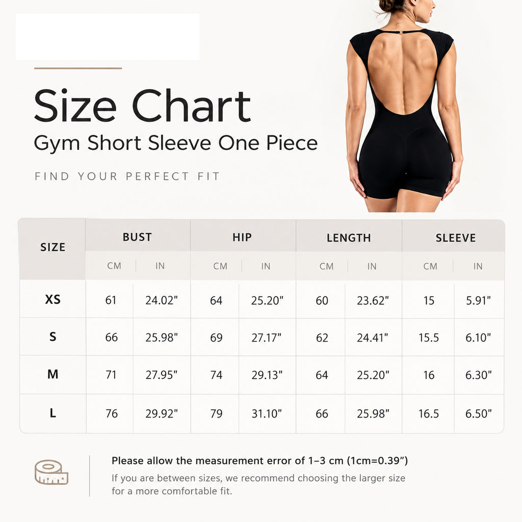 Size chart graphic for a gym short sleeve one-piece, showing a back view of a model wearing the garment and a measurement table with bust, hip, length, and sleeve dimensions in centimeters and inches forXS through L.
