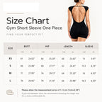 Size chart graphic for a gym short sleeve one-piece, showing a back view of a model wearing the garment and a measurement table with bust, hip, length, and sleeve dimensions in centimeters and inches forXS through L.