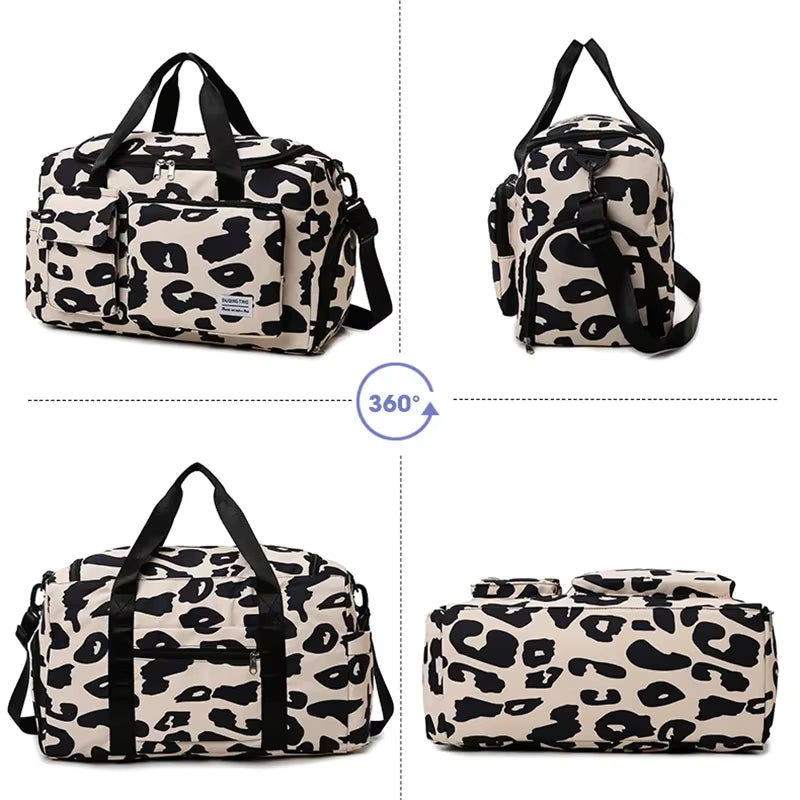 Leopard print duffel bag shown from multiple angles on a white background