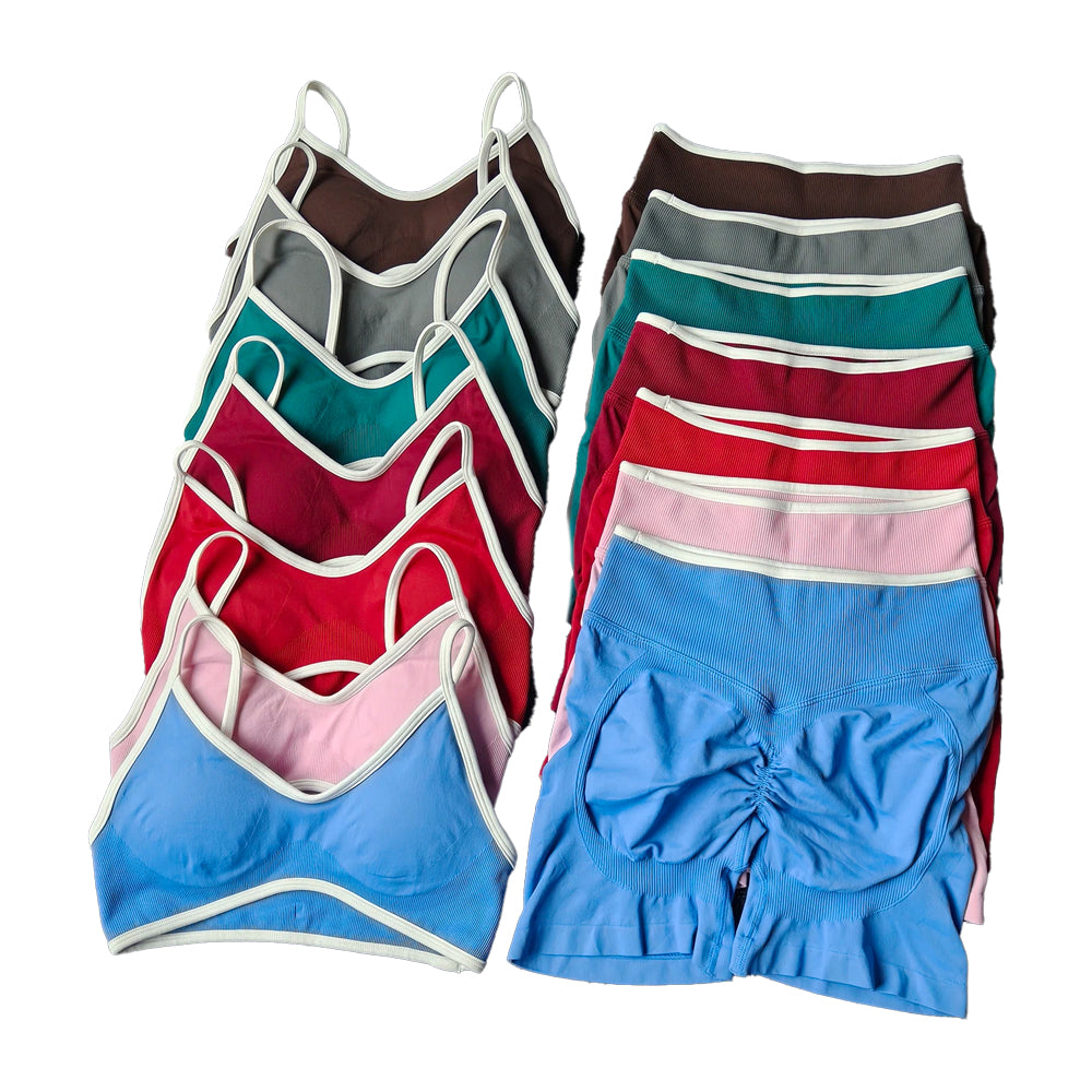 Stack of colorful activwear with a focus outlined white
