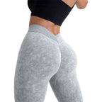 Stonewash Tye Dye yoga scunch bum leggings v waisted grey