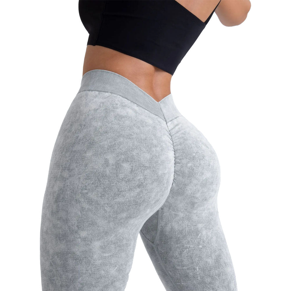 Stonewash Tye Dye yoga scunch bum leggings v waisted grey