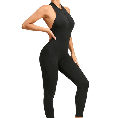 Full Length gym Bodysuit with Zip Jet Black