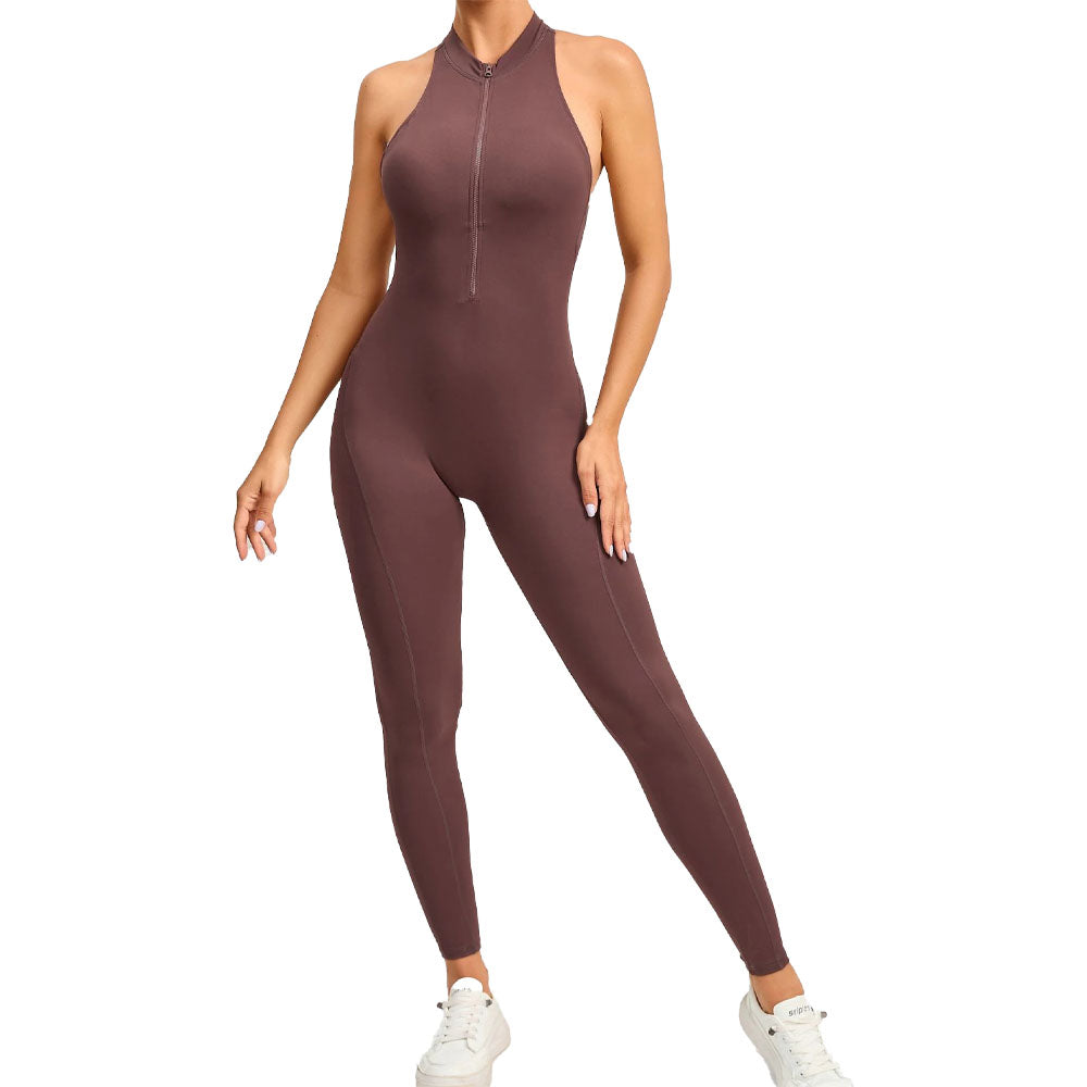 Full Length gym Bodysuit with Zip Brown coco