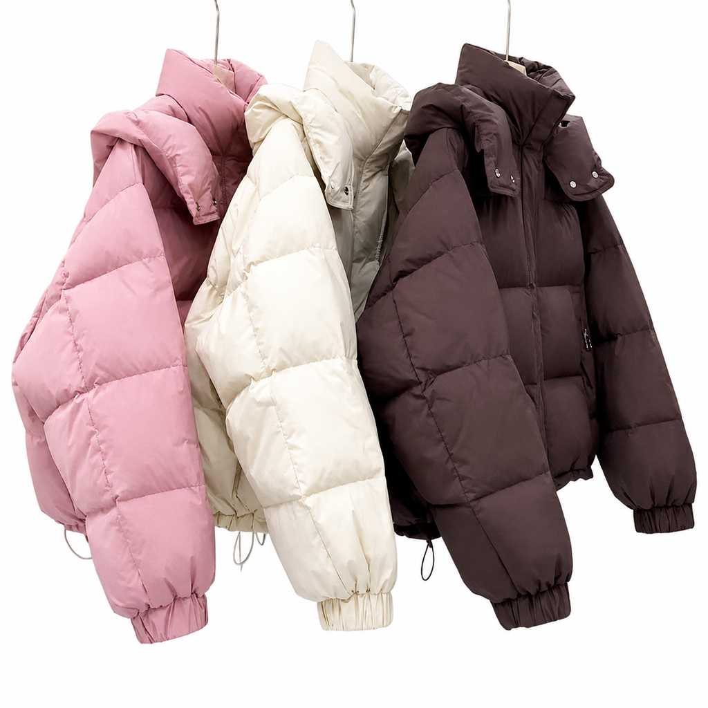 Three puffer jackets hanging side by side on a white background: one dusty pink, one cream, and one dark brown.