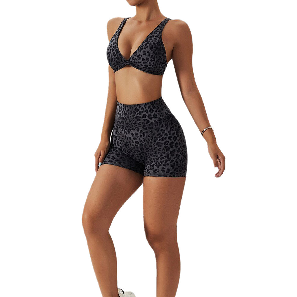 Leopard Twist Shorts & Crop Bra Set - Black