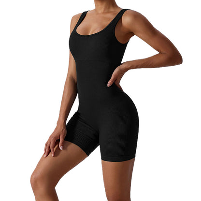 RIBBED SEAMLESS BLACK YOGA BODYSUIT JUMPSUIT