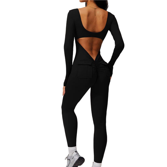 Long Sleeve Yoga Jumpsuit with Pockets Jet Black