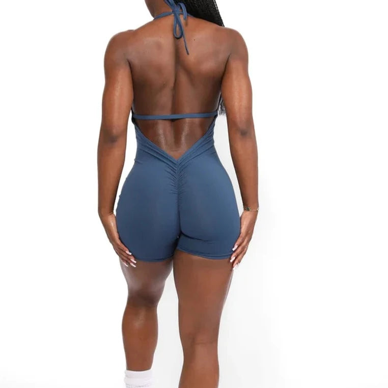 blue halter nexk sports yoga jumpsuit backless seamless