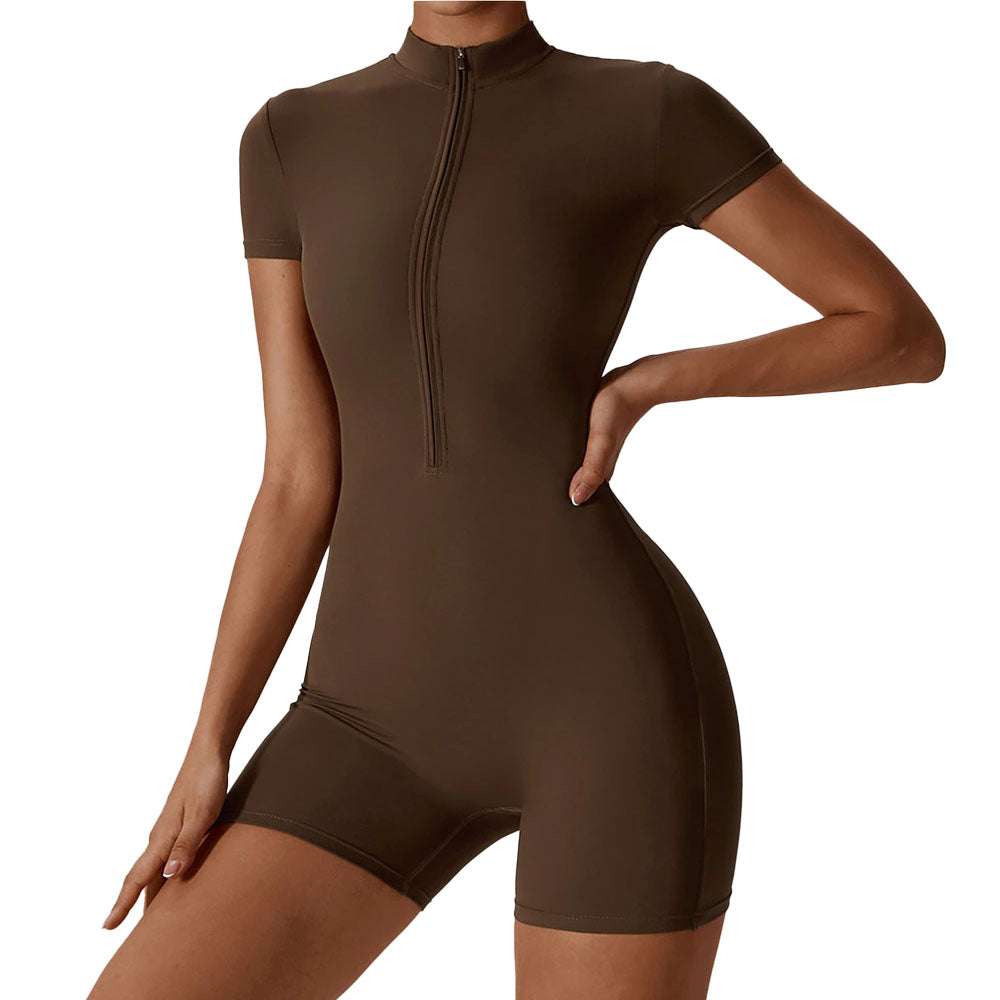 Baller Babe Zipper Bodysuit Shorts Brown