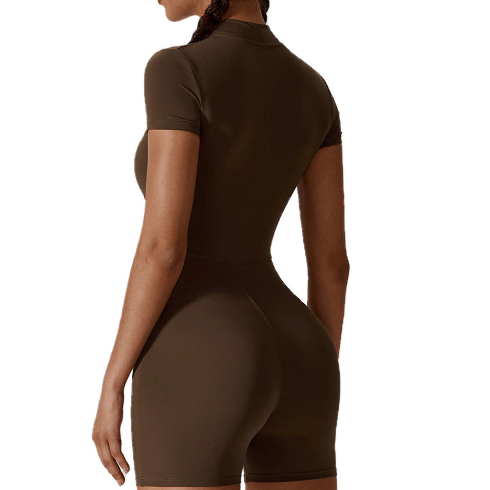 Baller Babe Zipper Bodysuit Shorts Brown