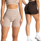Two pairs of leopard print shorts on a white background