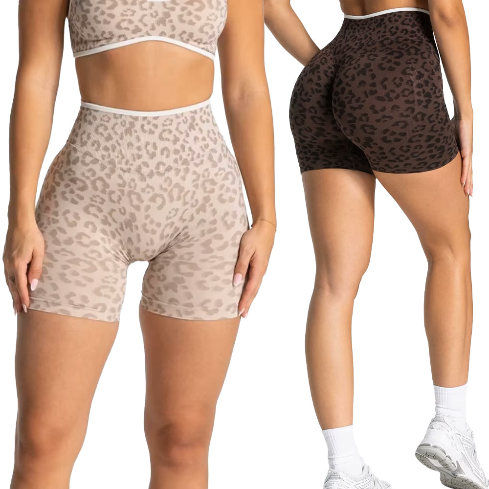Two pairs of leopard print shorts on a white background