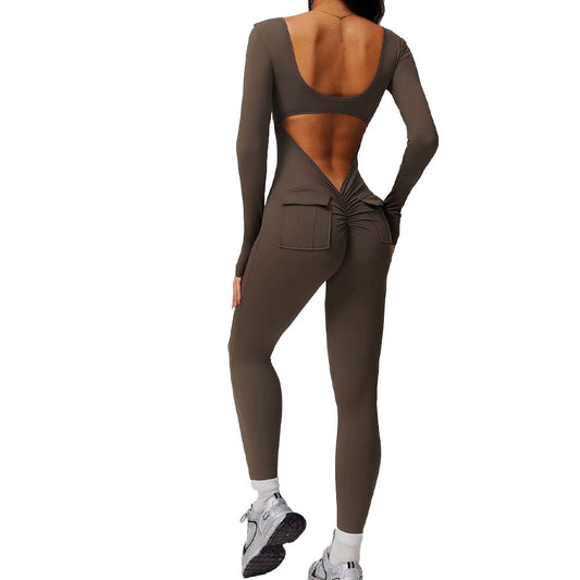 Long Sleeve Yoga Jumpsuit with Pockets Brown