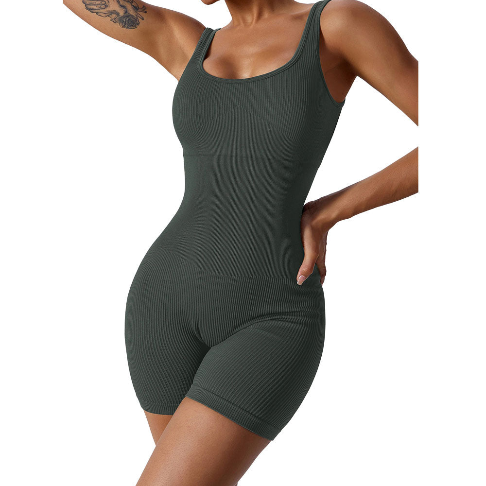 RIBBED SEAMLESS GREY YOGA BODYSUIT JUMPSUIT