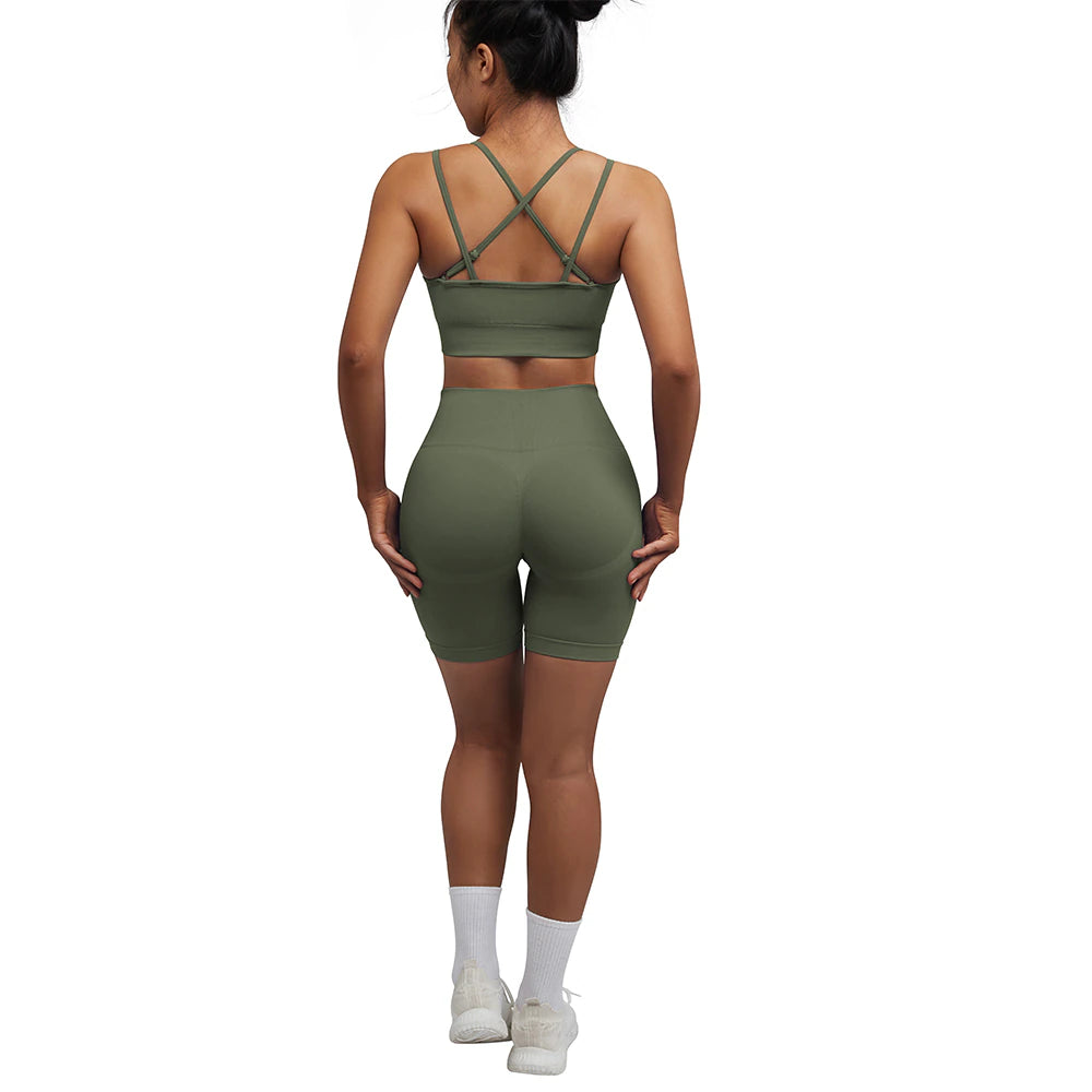 Seamless Giselle Active Shorts with Crop Top Khaki Green