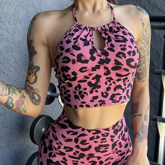 leopard print yoga crop top halter neck womens activewear