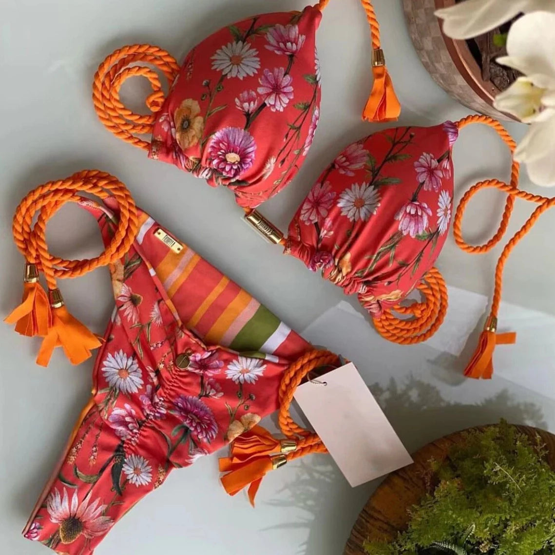 flower bikini top and bikini bottoms pants scrunch brazilian swimwear australia