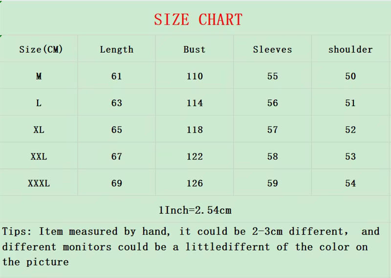 A size chart table with red title text reading 'SIZE CHART' on a pale green background. The table lists sizes M through XXXL with measurements for length, bust, sleeves, and shoulder, plus a note that 1 inch equals 2.