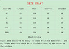 A size chart table with red title text reading 'SIZE CHART' on a pale green background. The table lists sizes M through XXXL with measurements for length, bust, sleeves, and shoulder, plus a note that 1 inch equals 2.