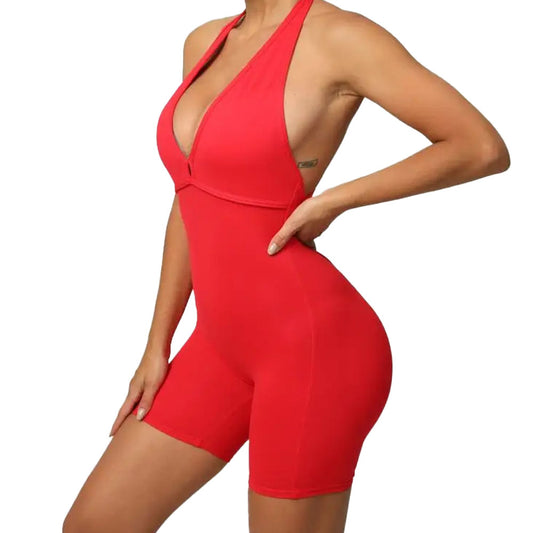 Baller Babe Halter Bodysuit Open Back V Scrunch Shorts Red