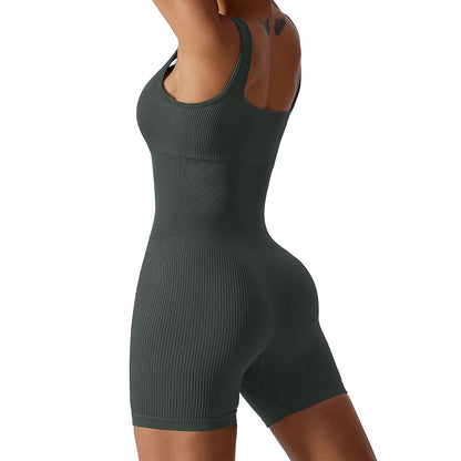 RIBBED SEAMLESS GREY YOGA BODYSUIT JUMPSUIT