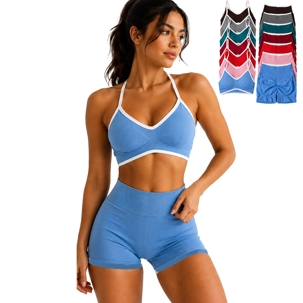 Woman wearing a blue sports bra and shorts set with additional color options displayed.