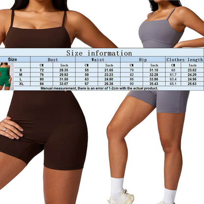 Two women wearing brown and gray athletic outfits with a size chart overlay.