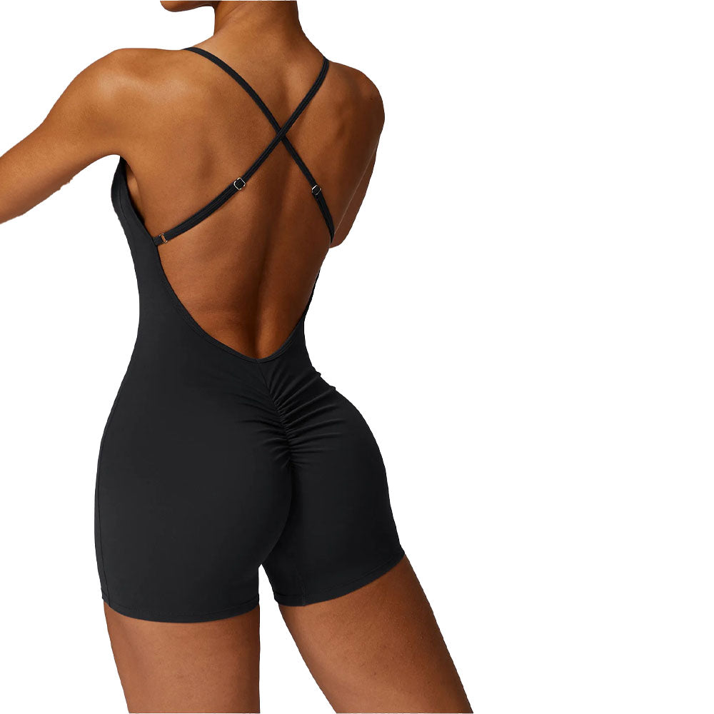 Black bodysuit with open back on a white background