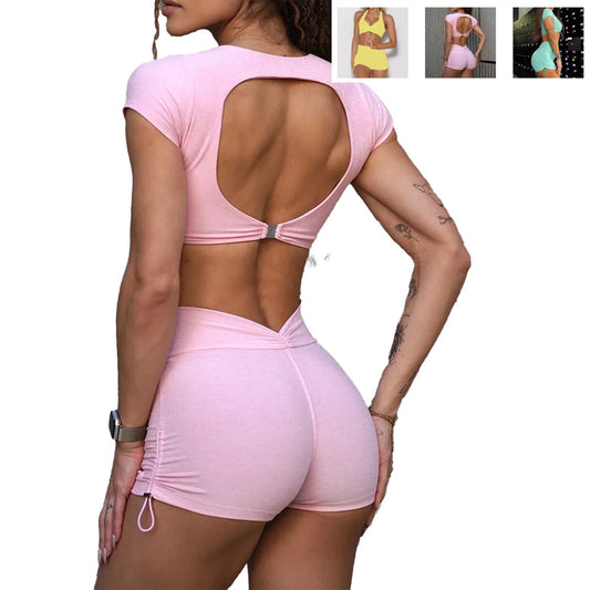 Open-Back Yoga Crop Top & Ruched High-Waisted Shorts Set